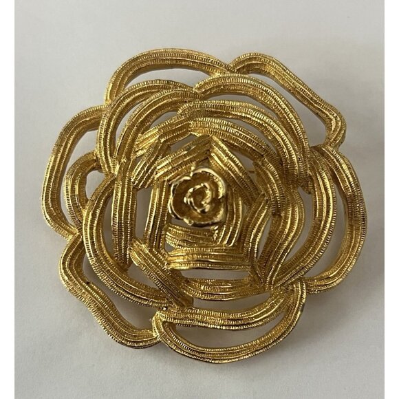 Christian Dior Floral Openwork Rose Brooch Gold Tone Made In Germany Signed - Picture 1 of 5